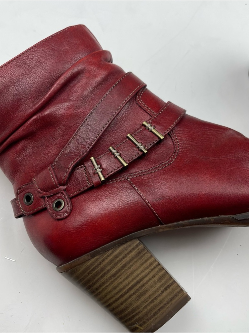Tamaris Leather Ankle Heeled Boots Dark Red Buckle Block Heel 40 Lined Grunge - Picture 9 of 12
